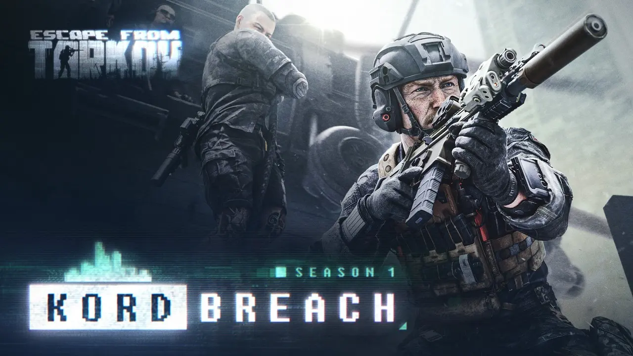 Escape From Tarkov Season 1 Kord Breach titulbilde ar bruņotu karavīru un ieročiem foregroundā.