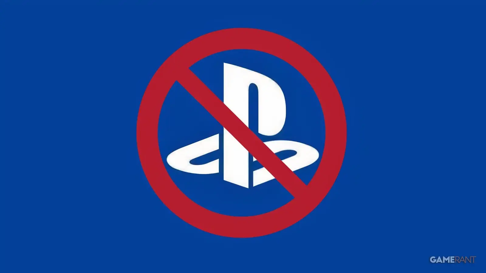 Sarkans aizlieguma simbols, kas pārvilkts pāri baltam PlayStation logotipam uz zila fona.