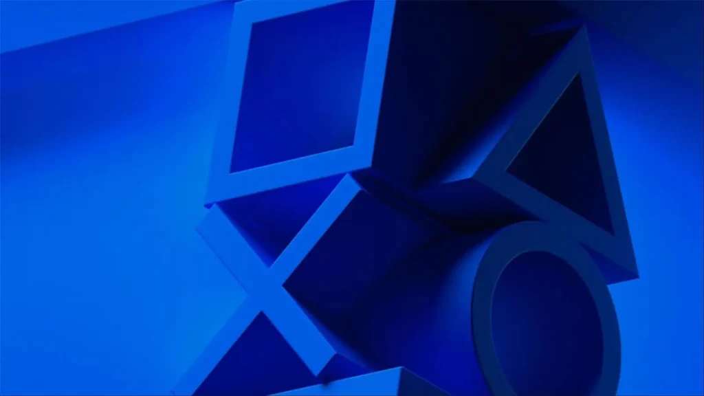 Zilas 3D PlayStation ikonas – kvadrāts, krusts, trīsstūris un aplis – saliktas viena virs otras uz zila fona