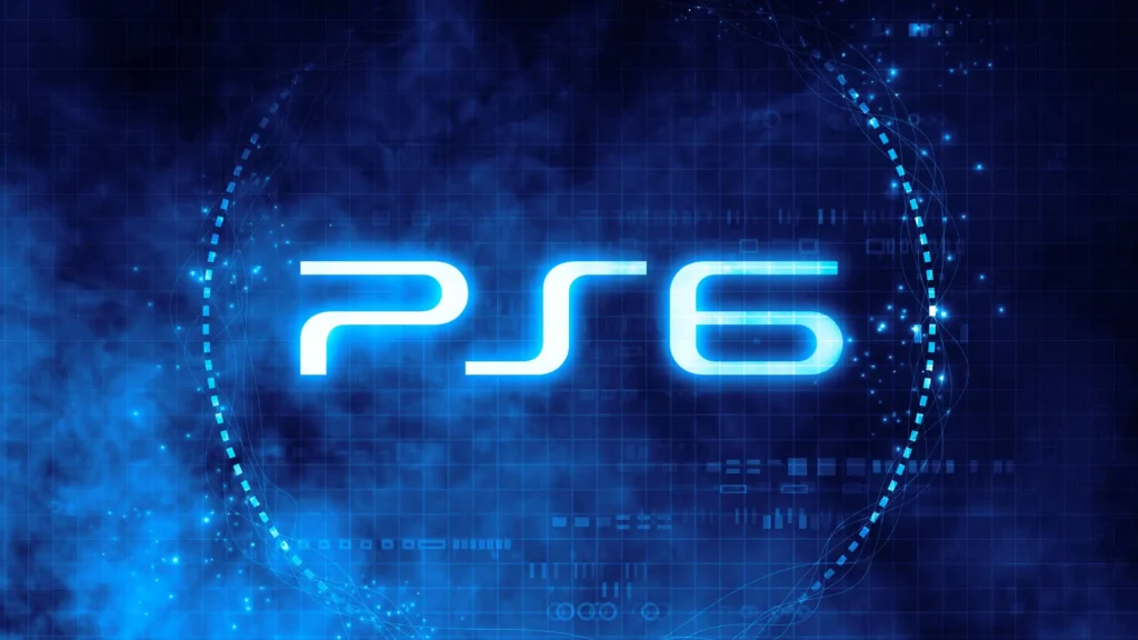 Zils, spīdošs PlayStation 6 logotips uz tehnoloģiska fona ar gaismas efektiem.