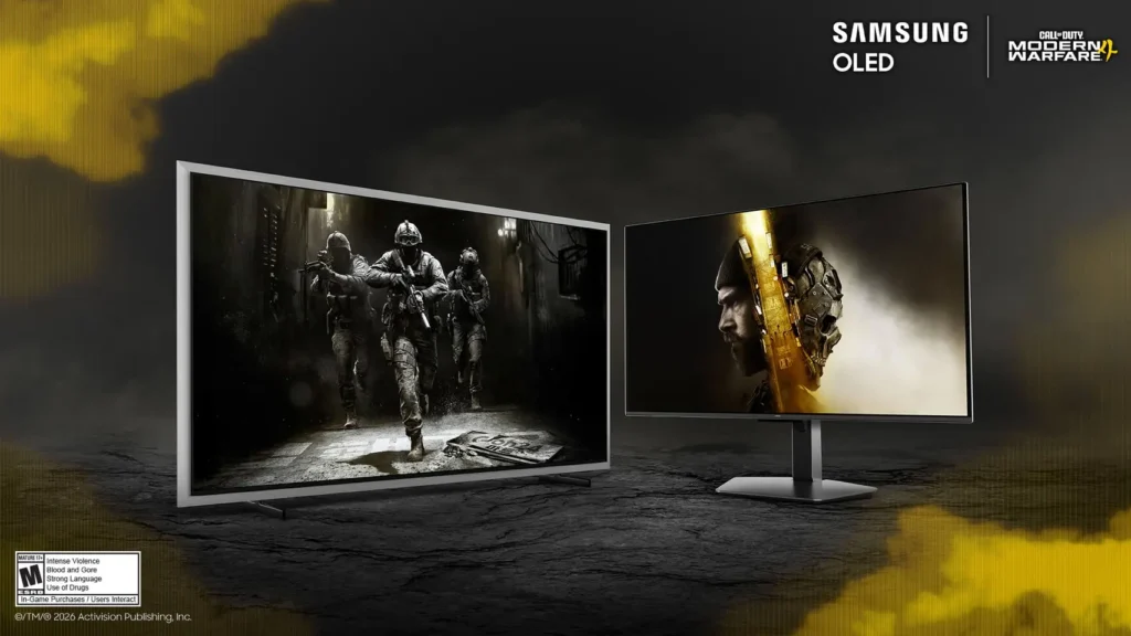 Samsung OLED televizors un izliekts spēļu monitors ar Call of Duty: Modern Warfare 4 attēliem uz tumša fona.