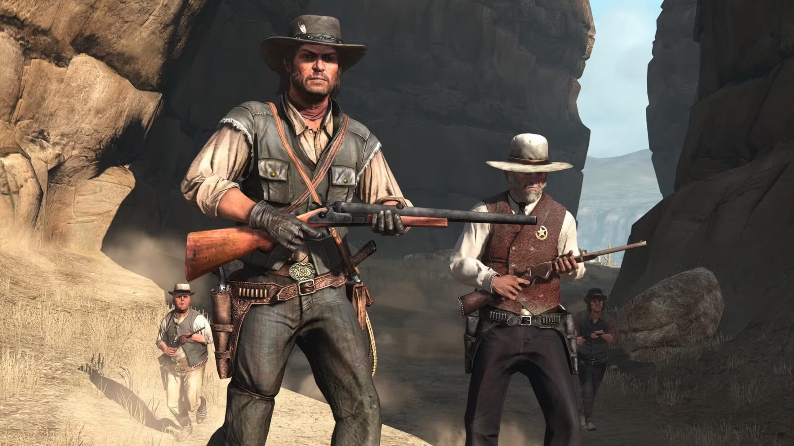 Red Dead Redemption galvenais tēls Džons Marstons ar šauteni rokā un šerifs Mežonīgo Rietumu ainavā.