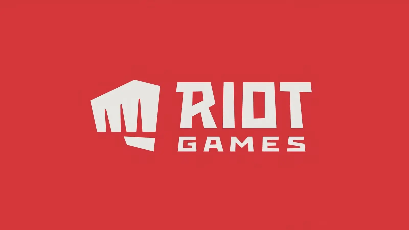 Spēļu izstrādātāja Riot Games baltais logotips ar dūres simbolu uz koši sarkana fona.