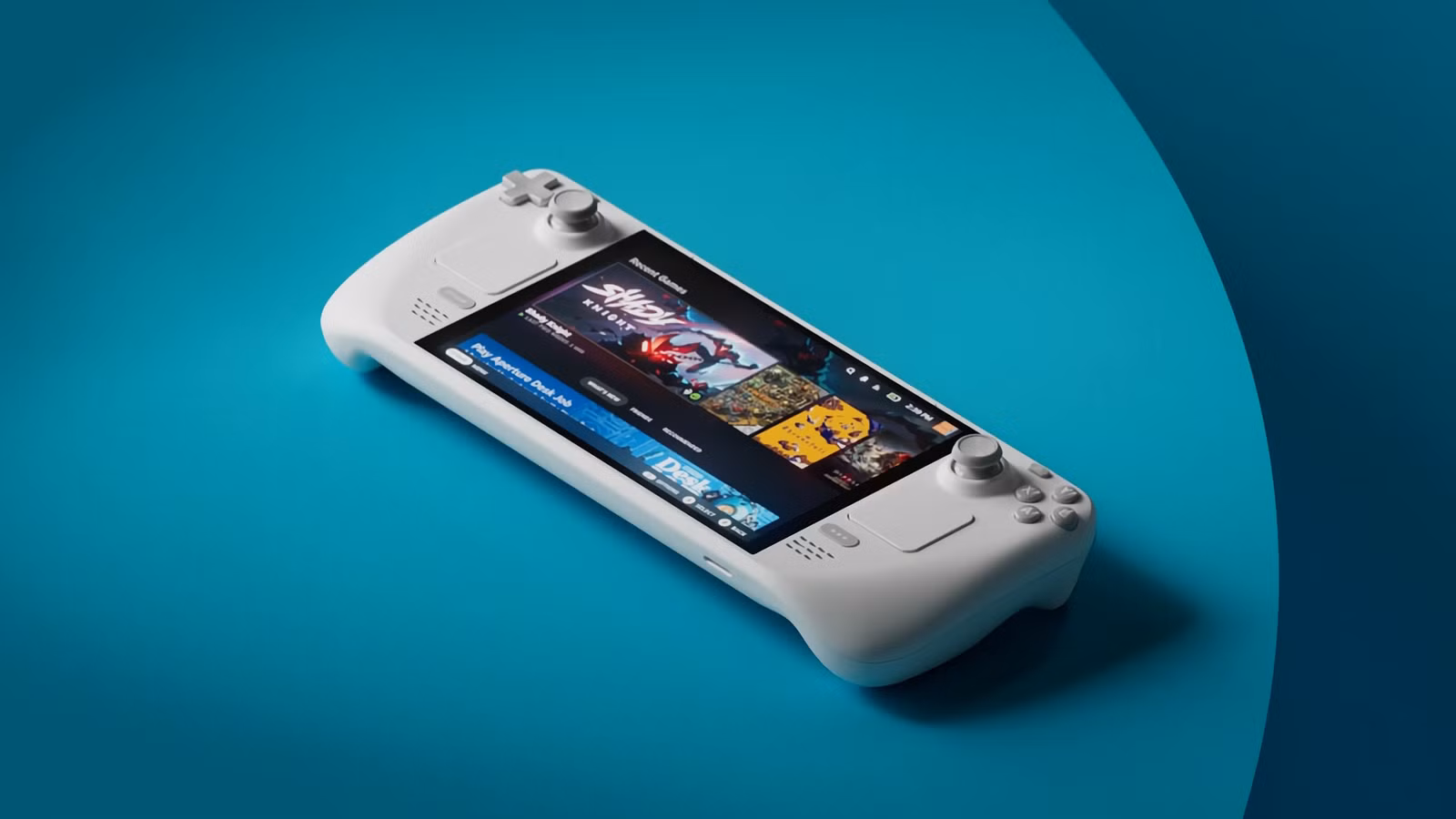 Balta Steam Deck konsole ar ieslēgtu ekrānu uz zila fona.