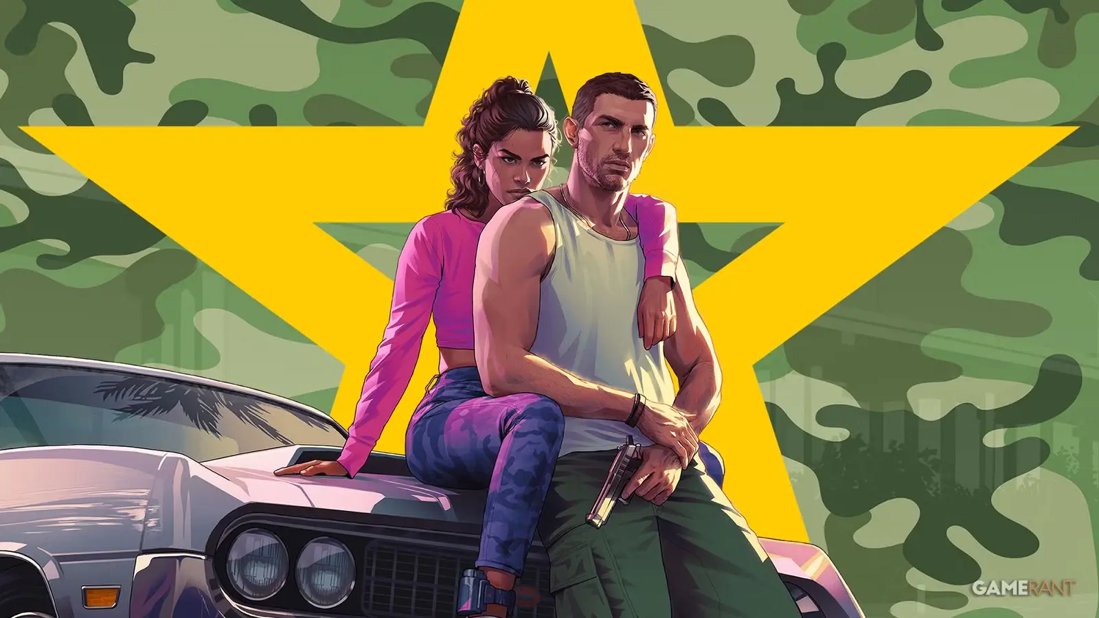 GTA 6 galvenie varoņi Lūsija un Džeisons uz armijas kamuflāžas zvaigznes fona.
