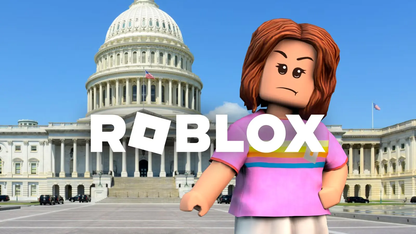 Roblox tēls rozā kreklā stāv pie ASV Kapitolija ēkas Vašingtonā.