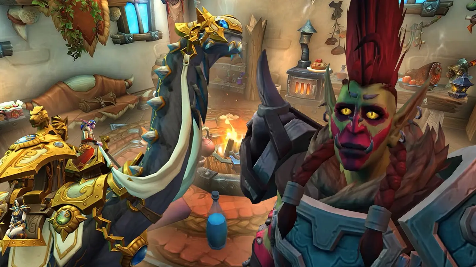 Orks ar sarkanu matu seksti stāv pie zelta bruņām rotāta dinozaura mājokļa iekšpusē spēlē World of Warcraft.
