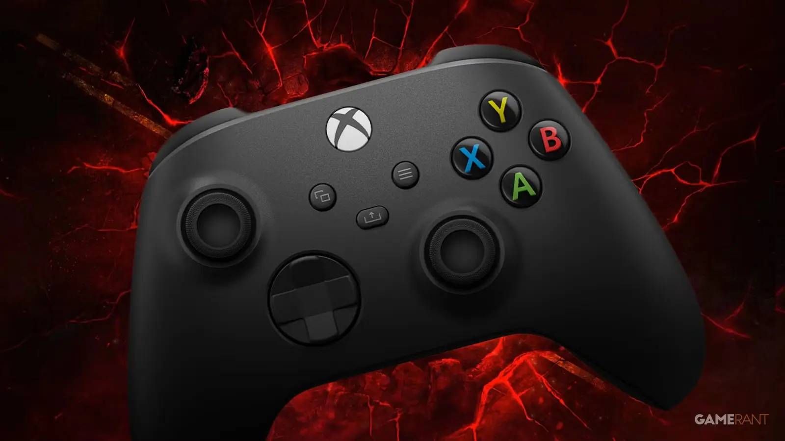 Melna Xbox spēļu pults uz sarkanu, mirdzošu plaisu fona.