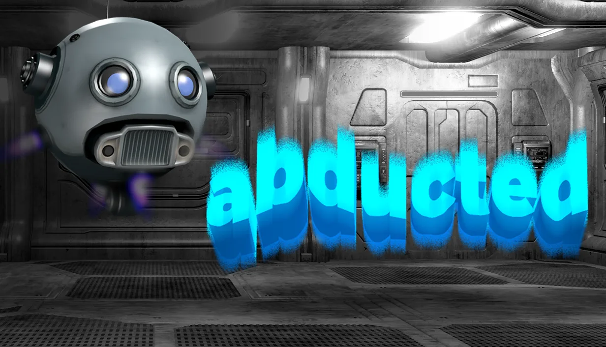 Apaļš lidojošs robots ar zilām acīm metāla kosmosa kuģa koridorā, blakus spilgti zils spēles nosaukums abducted.