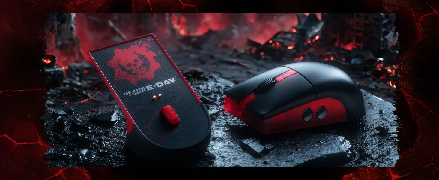 8BitDo Retro R8 spēļu pele un uzlādes stacija melnā un sarkanā krāsā ar Gears of War E-Day dizainu kaujas lauka fonā.
