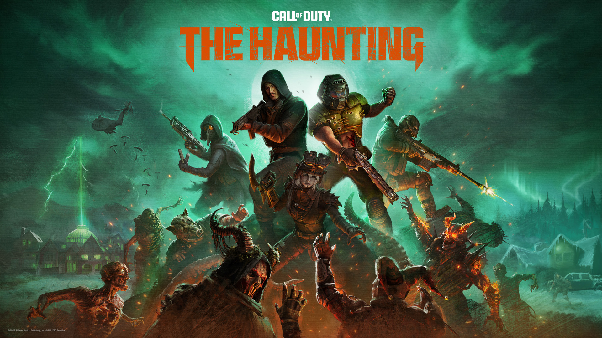 Call of Duty 6. sezonas The Haunting vizuālais noformējums, kurā redzami dažādi tēli, tostarp Doom Slayer un operatori ar Helovīna maskām, cīnoties pret zombiju un dēmonu hordām zaļganā, spokainā apgaismojumā.