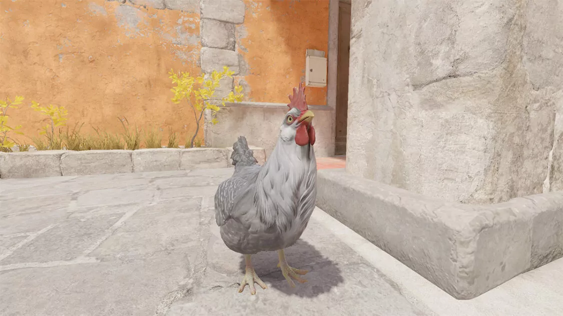 Pelēcīgi balta vista ar sarkanu seksti stāv akmens bruģētā pagalmā pie senatnīgas ēkas sienas spēlē Counter-Strike 2.