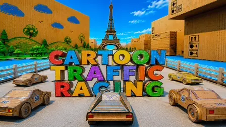 Cartoon Traffic Racing Paper Derby game banner showing multiple cardboard toy cars driving down a papercraft city street surrounded by cardboard shipping boxes and green paper trees, with a cardboard replica of the Eiffel Tower in the distance beneath a blue sky and the colorful 3D block title 'CARTOON TRAFFIC RACING' centered in the foreground.