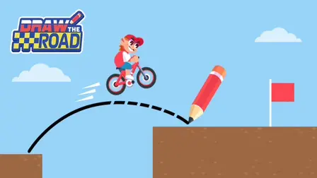 Draw The Road game banner featuring a cartoon boy in a red cap riding a red bicycle across a black arched road sketch over a gap, being drawn by a red and orange pencil, heading toward a red flag on a brown cliff against a blue sky with white clouds.