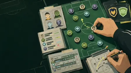 Fantasy Soccer Manager game banner showing a top-down tactical chalkboard view of a football pitch with circular team tokens representing Humans, Orcs, Elves, and Undead. A manager's hand moves a wooden token along a yellow dotted play arrow while another hand sketches formations with a pencil on a clipboard alongside player dossiers and club crests.
