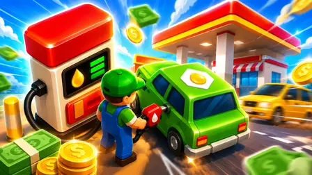 Gas Station 24 Simulator game banner showing a 3D cartoon gas station attendant in a green cap and blue overalls refueling a green car with an egg symbol on its roof. A large white fuel pump sits on the left, with stacks of cash bills and gold coins floating in the foreground and a yellow taxi driving past a modern gas station canopy in the background under a bright blue sky.