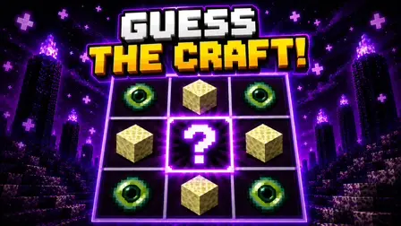 Guess the Craft Blocky Recipes game banner showing a purple neon 3x3 crafting grid set in an End-themed voxel landscape with dark obsidian pillars and purple particle sparks. The grid holds green Ender pearls in four corners, tan End stone blocks on four edges, and a glowing purple question mark in the center slot under the bold white and yellow block title 'GUESS THE CRAFT!'.