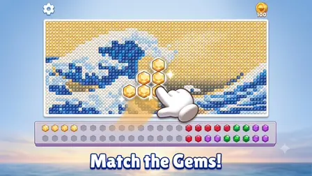 Jewel Gem Puzzle game banner showing a pixel art canvas of The Great Wave off Kanagawa being filled with glowing golden hexagonal jewels, with a white cartoon hand cursor placing a gem cluster, and a grey sorting shelf at the bottom holding yellow, red, green, and purple gems above the text 'Match the Gems!'