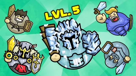 Knight Bolts Merge Edition game banner featuring a group of stylized, round cartoon knights bouncing in the air, including a basic warrior with a wooden club, a blue knight, a heavily armored paladin, and a glowing ice knight marked LVL. 5, set against a bright green geometric background.