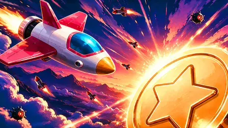 Sky Rush game banner showing a sleek red, white, and blue cartoon jet flying rapidly through a vibrant, explosive sunset sky, dodging incoming red missiles and floating black spike mines while reaching toward a massive, glowing gold coin featuring a star emblem.