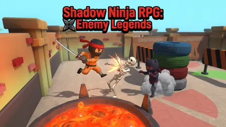 Shadow Ninja RPG Enemy Legends game banner showing a cartoonish orange ninja mid-air, striking a white skeleton with a katana sword, while a dark blue devil ninja approaches from behind near a stack of colorful tires and a glowing lava cauldron in a walled aren