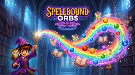 Spellbound Orbs game banner showing a young, smiling wizard boy in a purple robe and pointed hat with a pet owl on his shoulder, casting a massive, glowing rainbow stream of colorful magical orbs, floating spellbooks, and tiny fairies from his wand inside a dark, atmospheric castle library