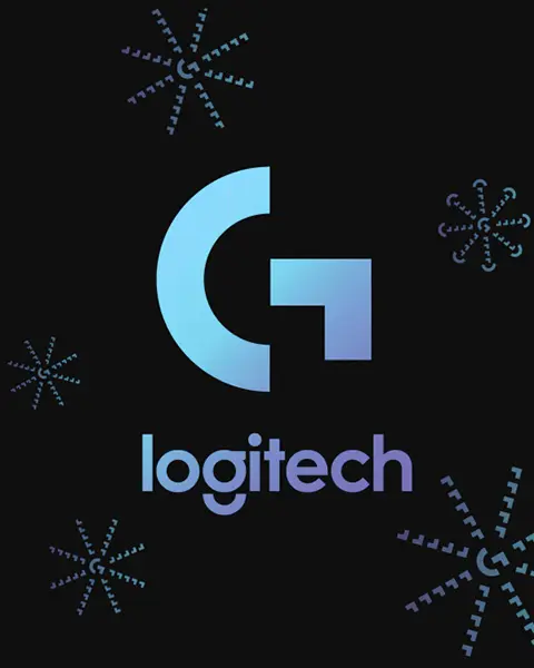 Zilgani violets Logitech G logotips ar zīmola nosaukumu un stilizētām pikseļu zvaigznēm uz melna fona