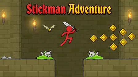 Stickman Adventure game banner showing a 2D stone dungeon setting with a red stickman hero jumping through the air while holding a silver sword, facing a flying yellow insect, two green slime monsters with skulls on their backs, and a cluster of golden diamond-shaped gems, with the game title in red gothic font at the top.