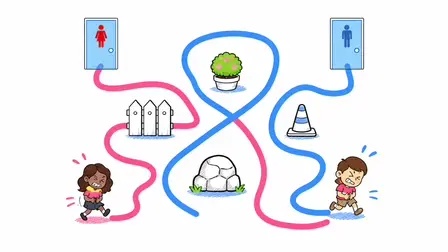 Toilet Dash Run game screenshot showing two cartoon characters running along drawn pink and blue paths toward restrooms on a white background. The pink path loops around a fence and a potted plant toward a red female restroom door, while the blue path weaves around a rock and a traffic cone toward a blue male restroom door.