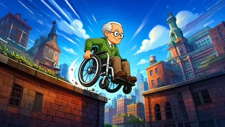 Wheelchair parkour No limits game banner featuring a smiling older man with grey hair and glasses, wearing a green sweater and brown pants, catching massive air in a black wheelchair as he jumps off a red brick building rooftop against a bright blue sky with white action speed-lines