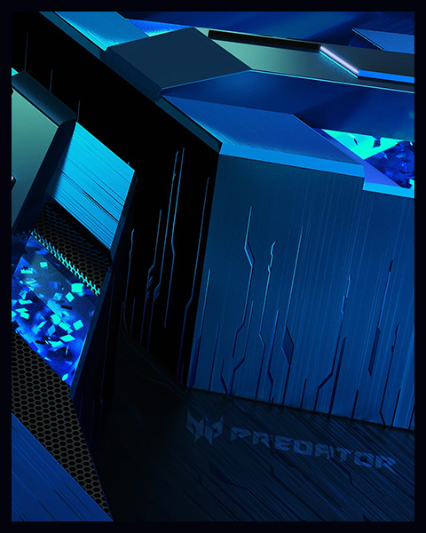 Futūristisks un tumši zils fons ar ģeometriskām detaļām un izgaismotiem elementiem, uz kura redzams Acer Predator logotips