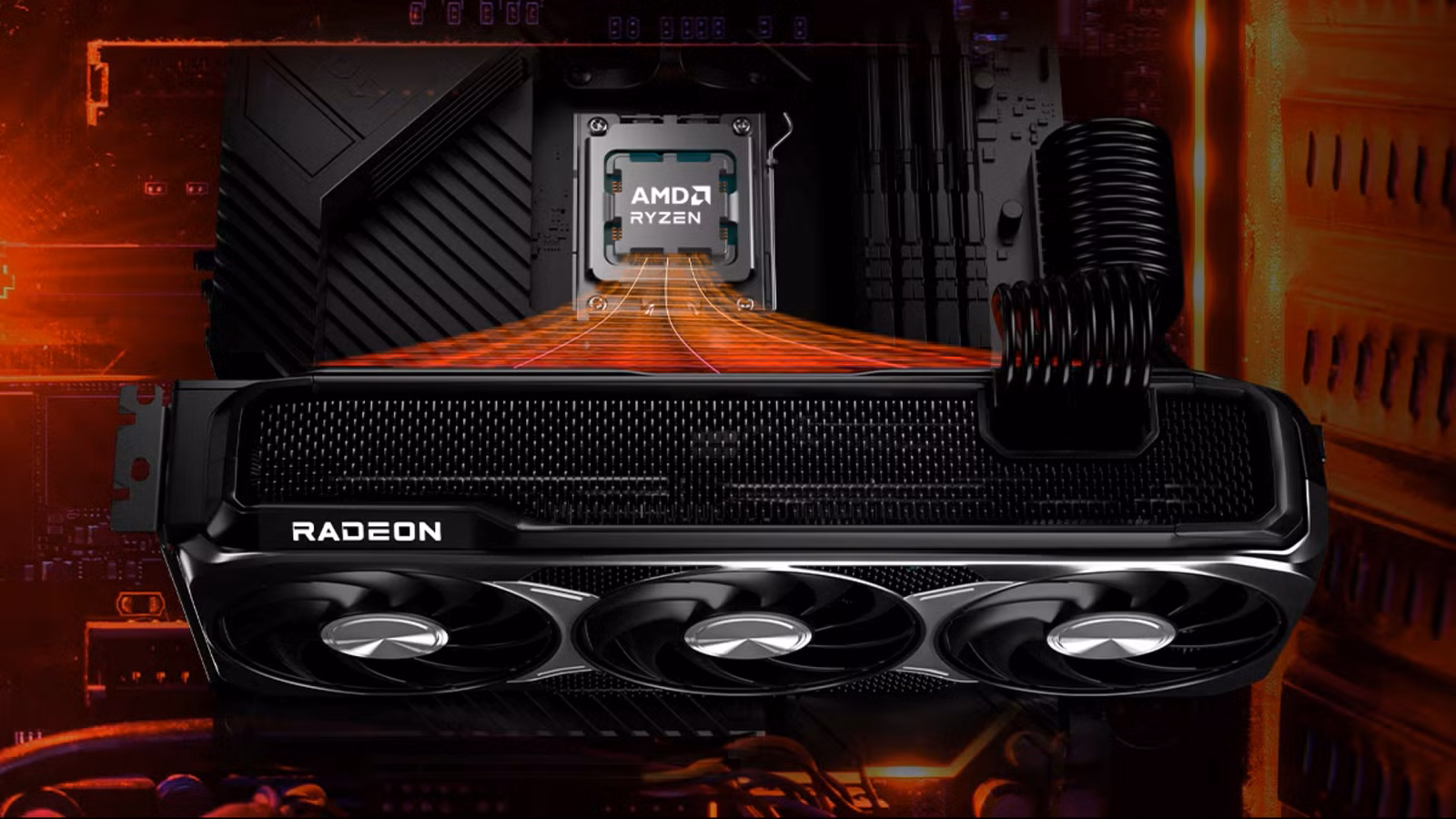 AMD Radeon videokarte un AMD Ryzen procesors savienoti uz pamatplates ar izgaismotām enerģijas līnijām uz tumša fona