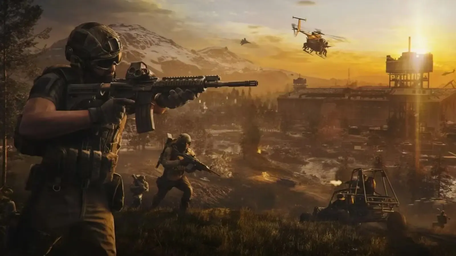 Wardogs spēles varoņi iesaistīti intensīvā apšaudē masīvā un iznīcināmā kaujaslaukā, fonā lidojot helikopteram un lidmašīnām.