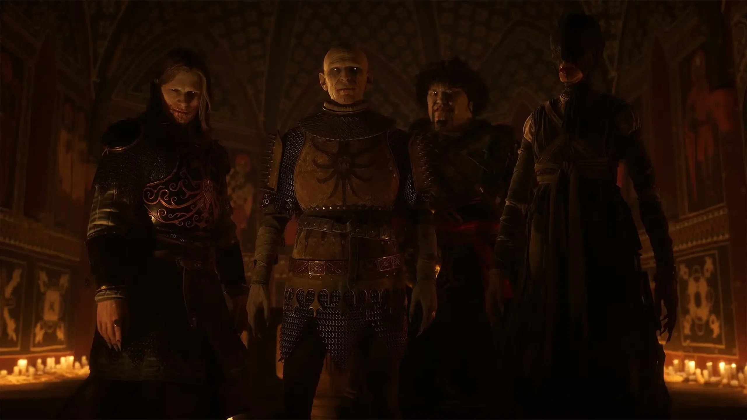 Brencis un viņa vampīru tiesas locekļi stāv tumšā, sveču izgaismotā telpā spēlē The Blood of Dawnwalker.
