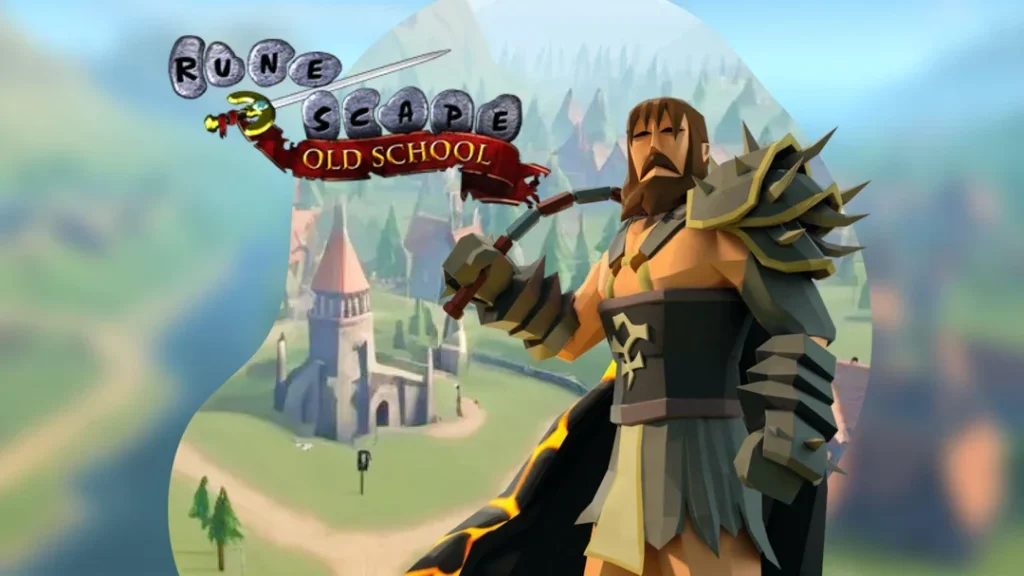 Old School RuneScape tēls ar bārdu, bruņām un ieroci rokās stāv uz spēles klasiskās fantāzijas pasaules fona.