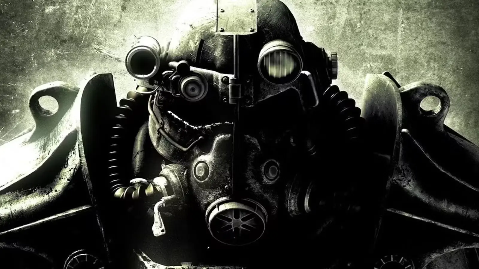 Tuvplāns ar klasisko Power Armor ķiveri, kas izskatās nolietota un saskrāpēta pēcapokaliptiskā vidē.
