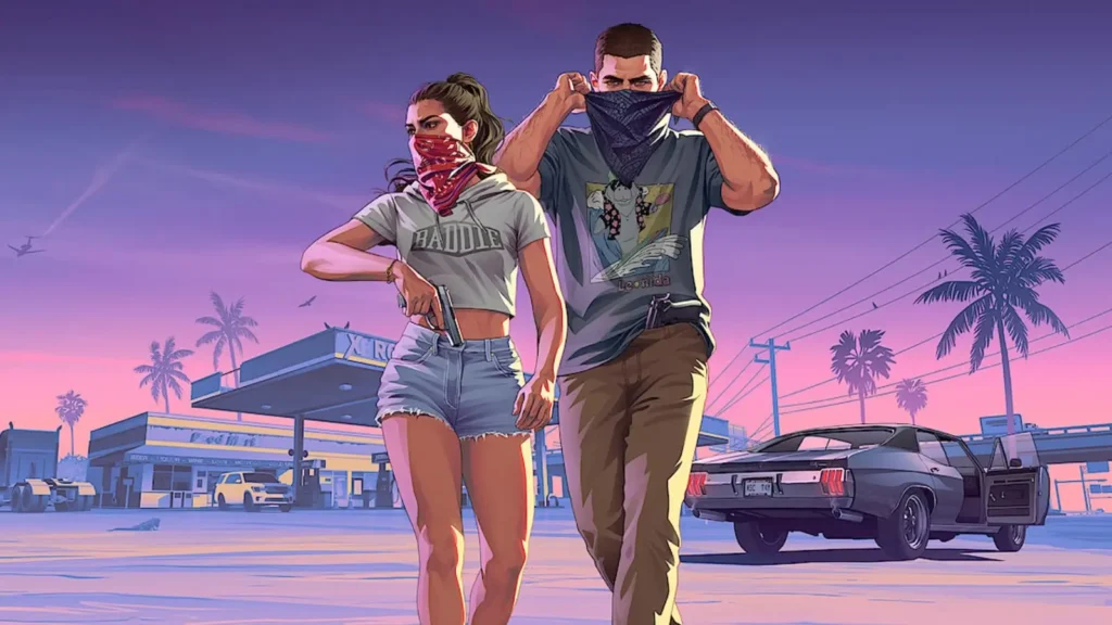 Džeisons un Lūsija no Grand Theft Auto 6 ar aizsegtām sejām stāv degvielas uzpildes stacijas fonā blakus automašīnai.