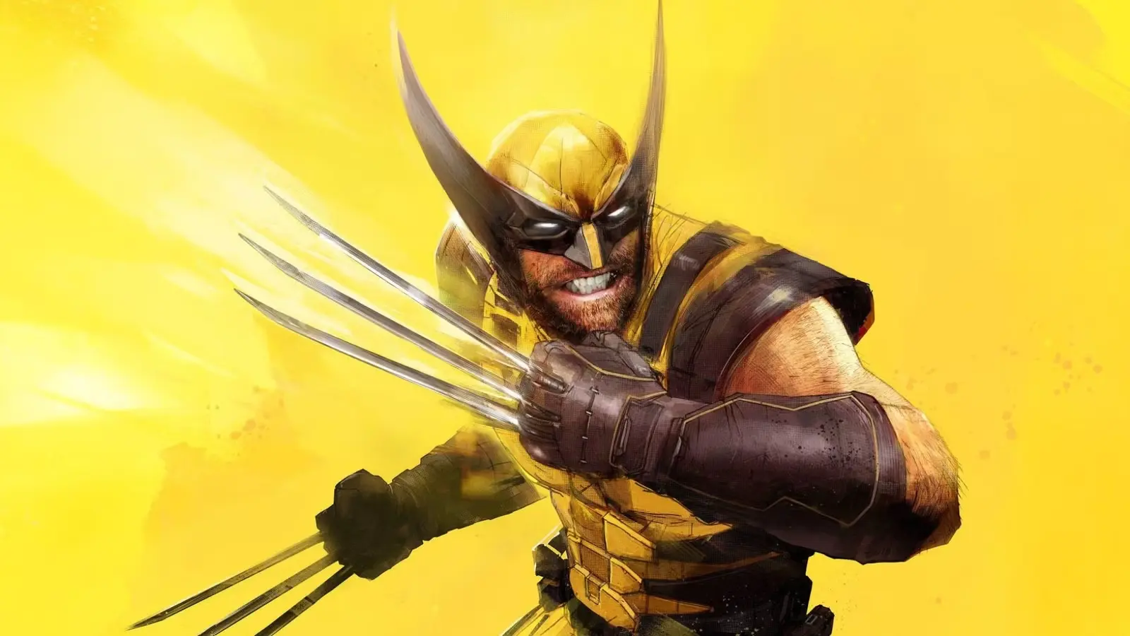 Wolverine ar saviem raksturīgajiem metāla nagiem dzeltenā tērpā un maskā, kas nostādīts pret spilgti dzeltenu fonu