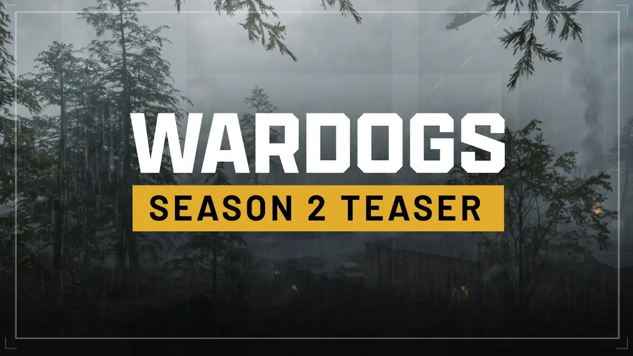 Wardogs Season 2 tīzera attēls ar lietainu un miglainu meža kaujas lauku, ko papildina uzraksts Wardogs Season 2 Teaser