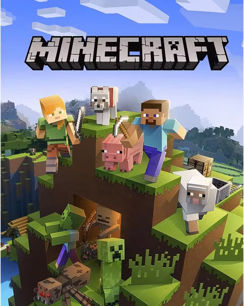 Minecraft galvenie varoņi Stīvs un Aleksa kopā ar dzīvniekiem stāv uz bloku paugura, kamēr zemāk atrodas zombijs un citi briesmoņi.