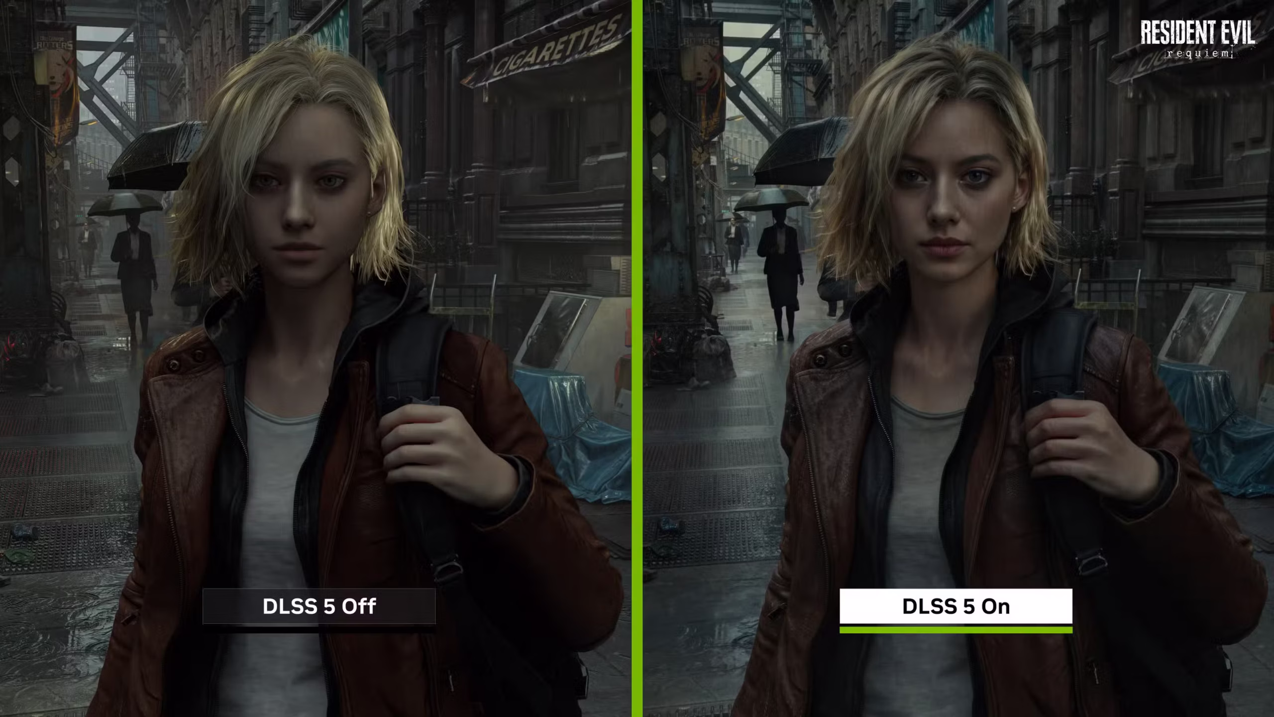Ekrānuzņēmums, kurā blakus salīdzināta Resident Evil Requiem grafika ar izslēgtu un ieslēgtu DLSS 5, demonstrējot atšķirības varones sejas detaļās un apgaismojumā.