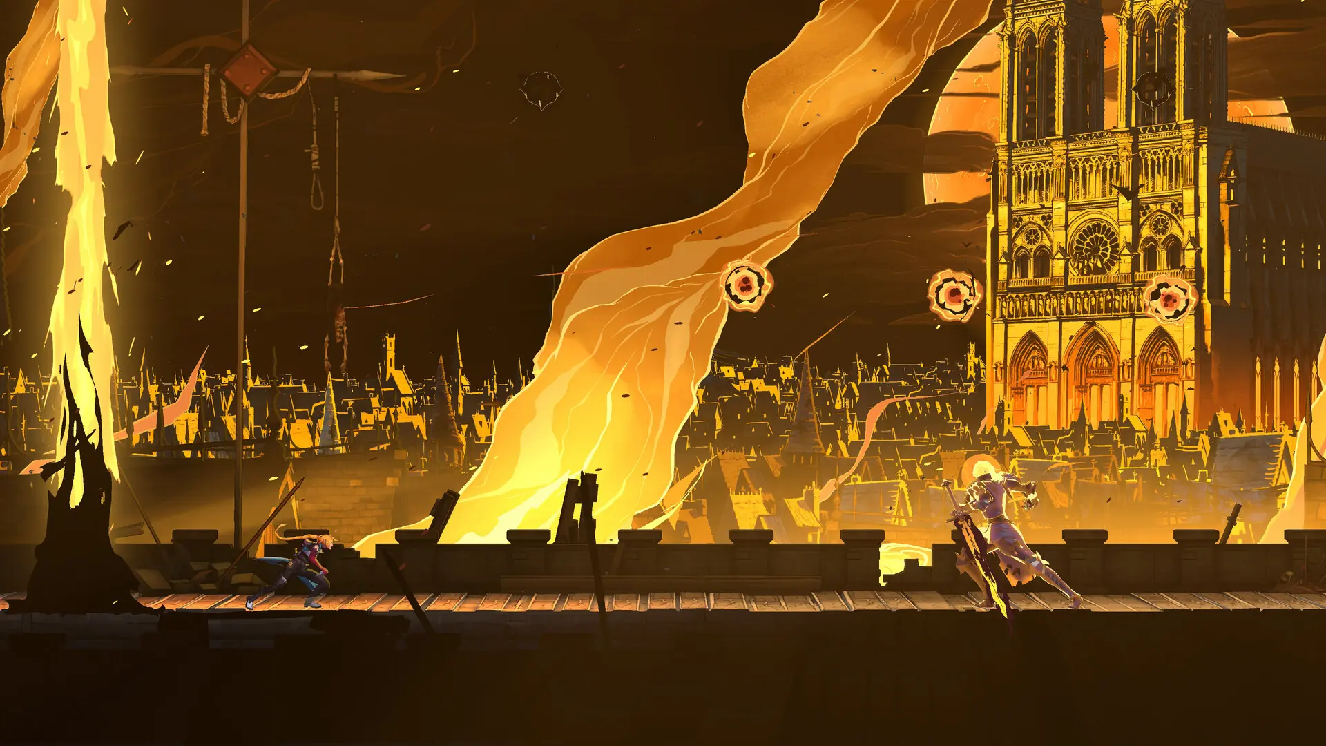 Dinamiska 2D spēles cīņas aina no Castlevania: Belmont’s Curse, kur varonis cīnās uz jumta liesmojošas Parīzes un Dievmātes katedrāles fonā zelta un melnos toņos