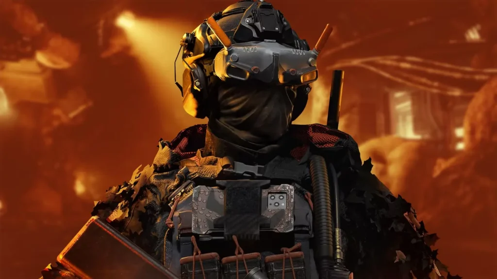 Battlefield 6 karavīrs taktiskajā bruņojumā ar ķiveri, nakts redzamības iekārtu un sejas masku uz oranža, liesmu izgaismota apokaliptiska fona.