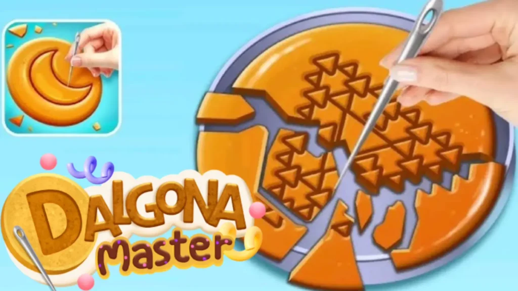 A close-up view of Dalgona Master gameplay showing a hand carefully using a silver needle to carve a complex geometric triangle pattern out of a round, golden-brown honeycomb candy. The Dalgona Master logo sits in the bottom left corner over a light blue background.