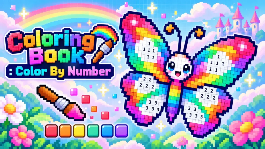 A colorful pixel art scene for Coloring Book: Color By Number, featuring a smiling butterfly with rainbow wings partially filled with numbers 1, 2, and 3 inside a grid, next to a brown paintbrush and a bright square color palette, set against a sky with a rainbow and a distant pink castle.