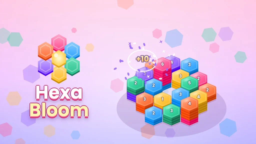 Gameplay screenshot of the Hexa Bloom puzzle game featuring a pastel background and colorful hexagon tile stacks on a honeycomb board, with a dynamic purple petal burst and a +10 score popup appearing as tiles merge, next to the stylish Hexa Bloom logo.
