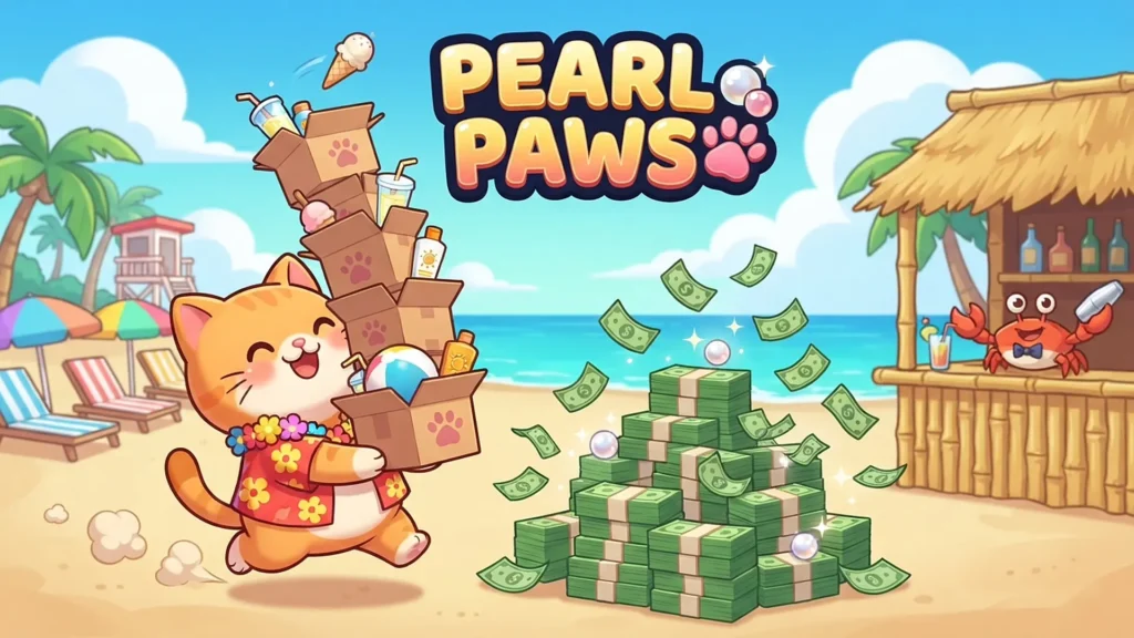A cute orange cat wearing a floral Hawaiian shirt carries a tall stack of paw-printed cardboard boxes in Pearl Paws, walking past a massive pile of green cash and glowing pearls on a sunny beach, while a smiling crab bartender waits at a bamboo tiki hut in the background.