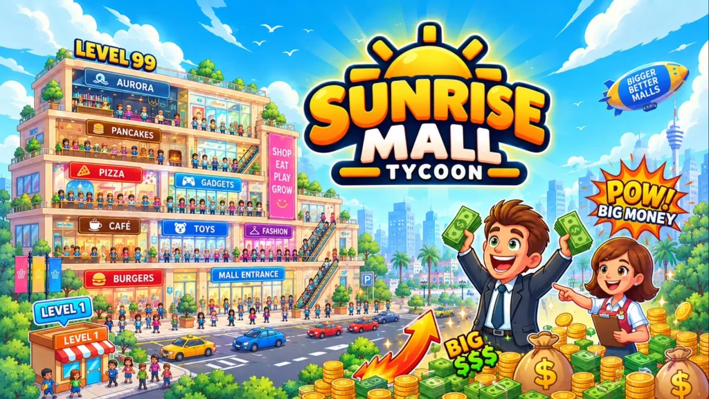 A vibrant promotional graphic for Sunrise Mall Tycoon featuring a massive multi-story shopping center with a Level 99 sign, showing diverse shops like Burgers, Toys, and Gadgets connected by escalators, while a happy businessman and female manager celebrate next to giant piles of cash and gold coins.