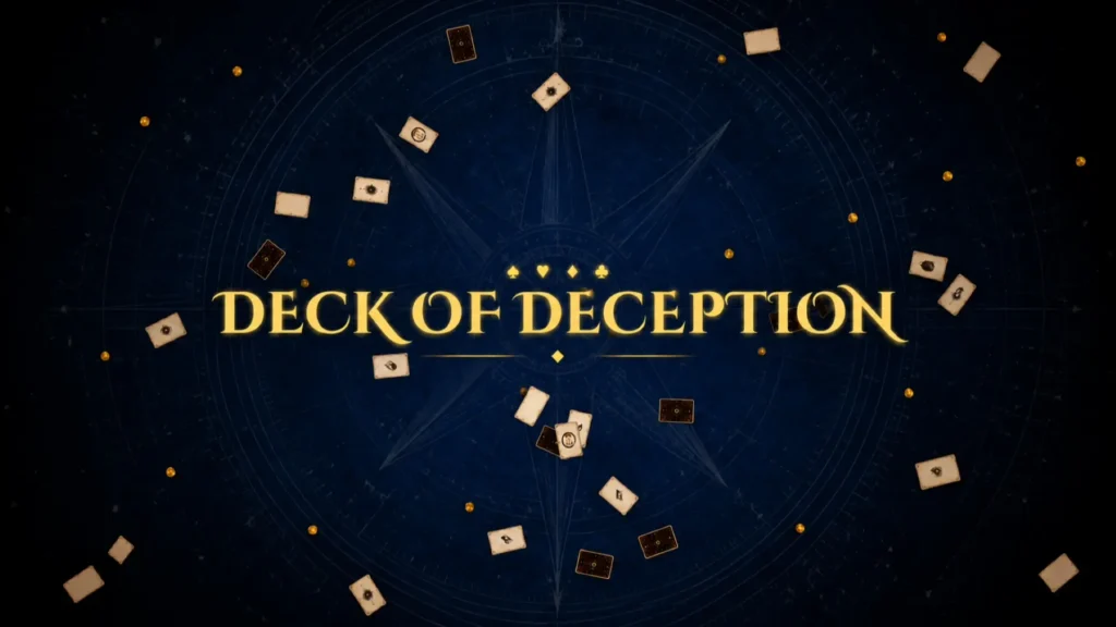 The elegant title screen for Deck of Deception featuring the game logo in gold typography over a dark blue, nautical compass-style background. Dozens of floating playing cards and scattered gold coins surround the central text, creating an atmospheric, high-stakes casino vibe.