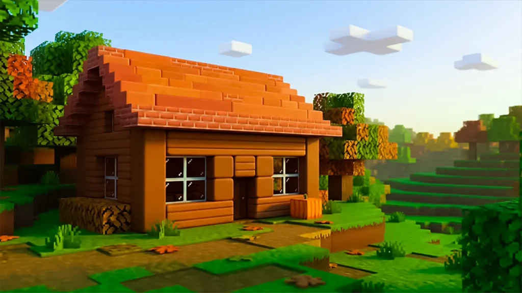 Gameplay from Noob in Mine Sandbox and Craft showing a cozy, blocky wooden house with a red brick roof, glass windows, and a pumpkin outside, set in a lush green voxel forest under a bright sky